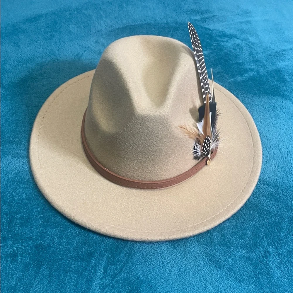 Tan Beige Women's Felt Fedora Western Cowboy Hat Brown Belt Tall  Feather Accent